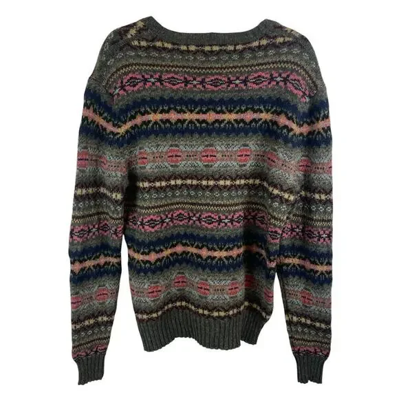 Polo Ralph Lauren Lambswool Alpaca Jacquard Fair Isle V Neck Sweater Green VTG L - Picture 9 of 9